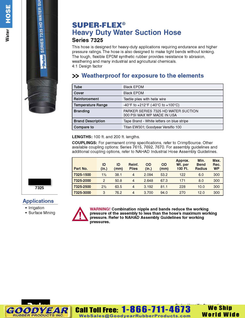 Parker 7325 SuperFlex Epdm Heavy Duty Water Suction Hose