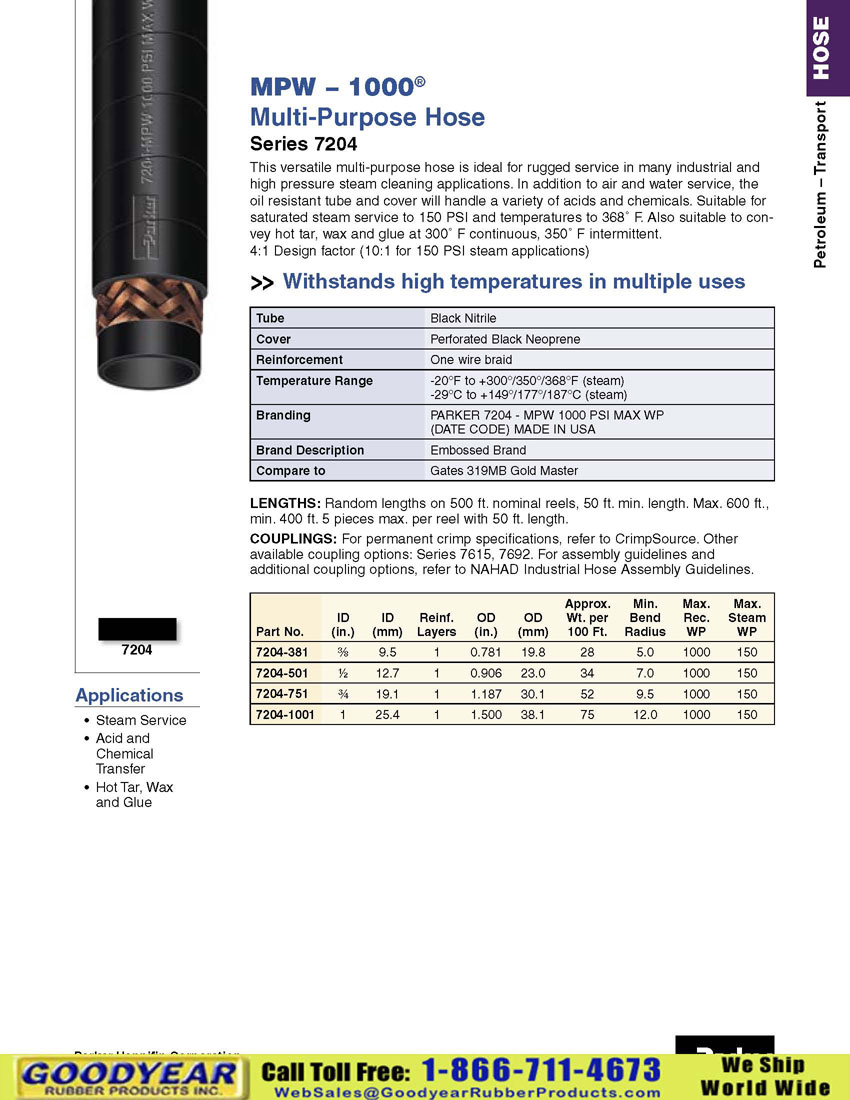 Parker 7204 1000 Psi MultiPurpose Hose