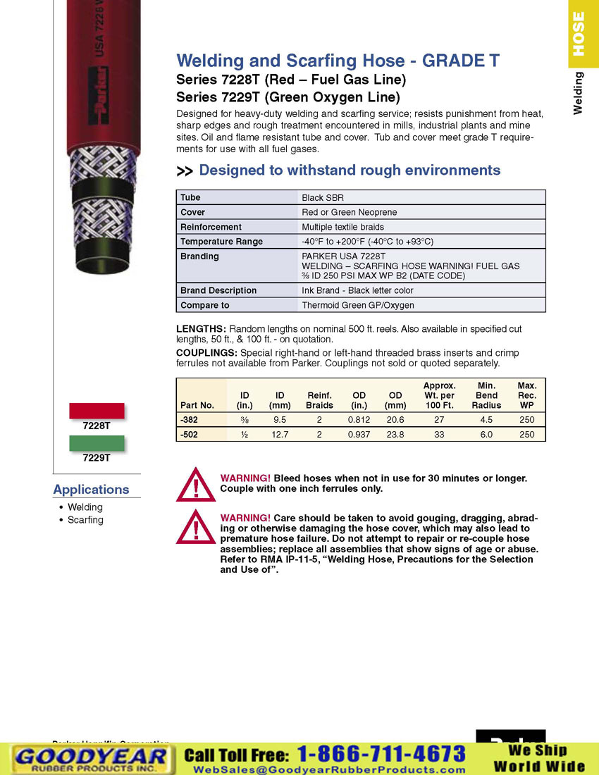 Parker 7228t And Parker 7229t Grade T Heavy Duty Welsing Scarfing Hose